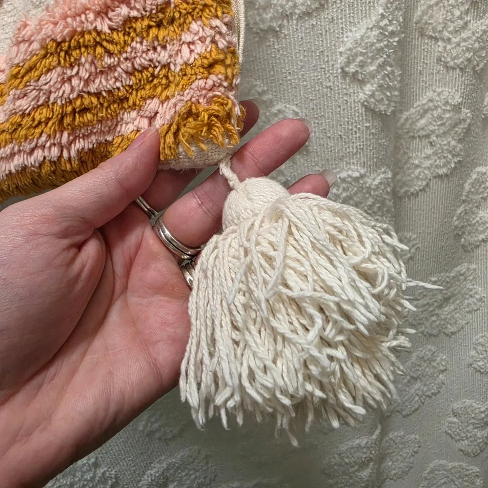 Nomad West Tufted Wavy Rainbow Lumbar Pillow Cover Cream Mustard Pink Tassels